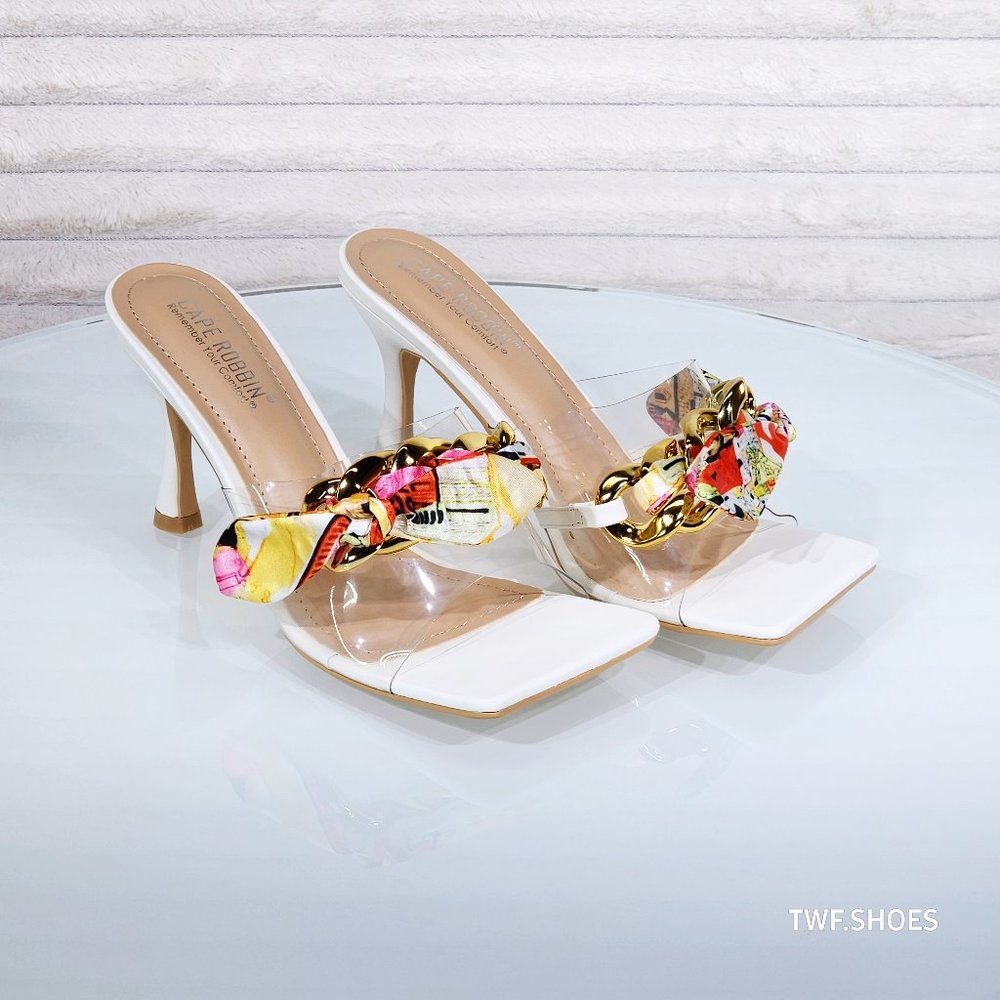Slip on 3.5" High Heel Mule Clogs Off White with Chain and Scarf Tie Details